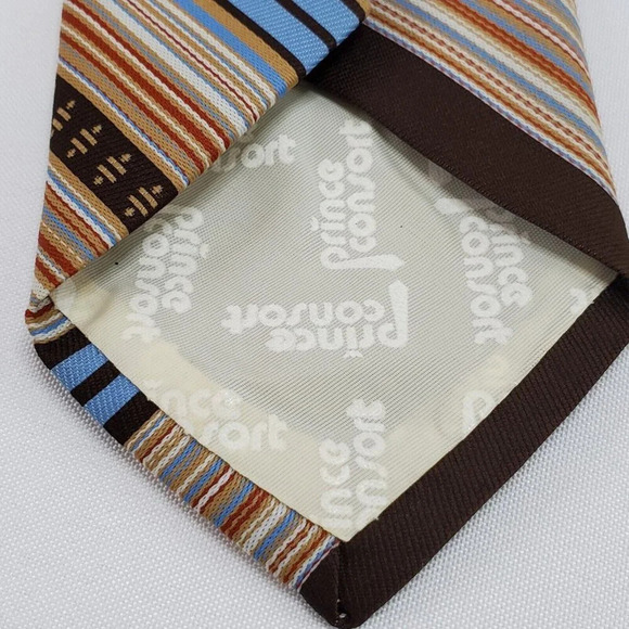VTG Prince Consort Golden Clasp Tie Men's Polyester Necktie Brown Blue Striped - Picture 5 of 10